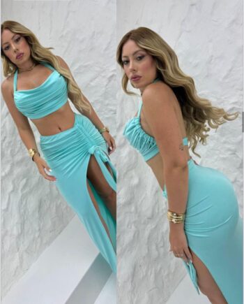 Conjunto Biquíni 3 Peças Premium Saia Longa - Azul Serenity