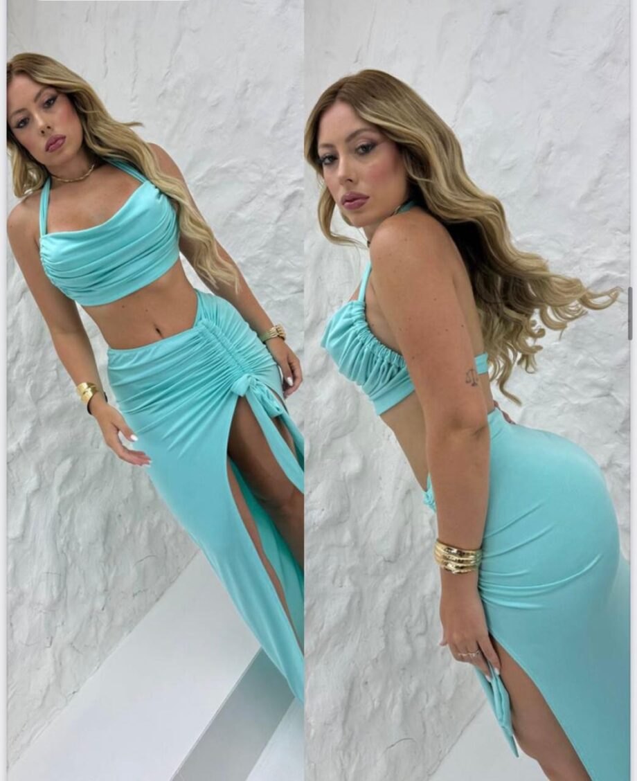 Conjunto Biquíni 3 Peças Premium Saia Longa - Azul Serenity